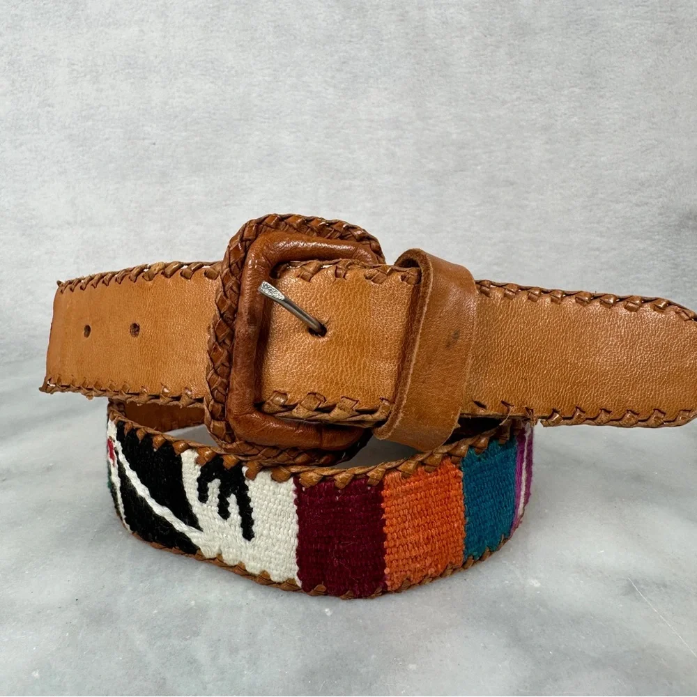 Brown Leather Belt Multicolor Woven Design‎ Guatemalan boho bohemian western